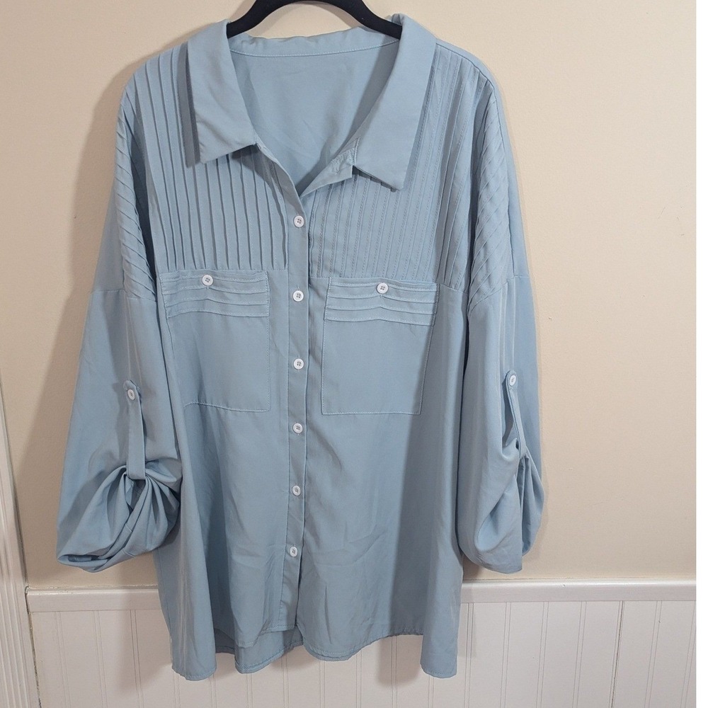 Oibili Button Down Shirt Light Blue Pintuck Pleated Roll Tab Sleeve 4XL
